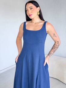 Long, Flared Dress, 100% Cotton, With Pocket And Slit. - Navy Blue - View 5