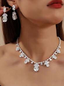 Bộ 3 món thời trang cao cấp đính đá Zirconia gồm dây chuyền và bông tai hình hoa tulip màu hồng, phong cách Ins, rực rỡ sắc hoa, thích hợp làm quà tặng. - trắng - Xem 4