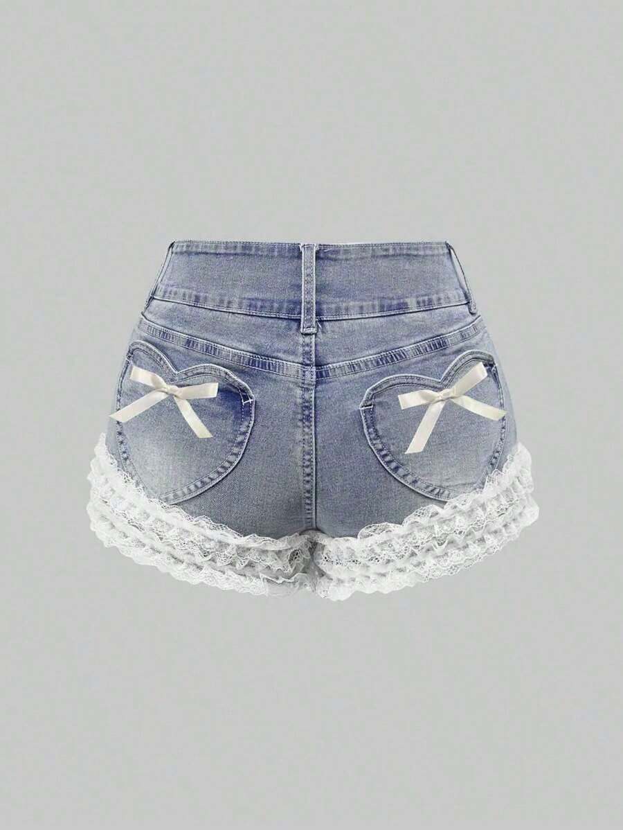 Kawaii Casual Girls Bow Decor Heart Pocket Contrast Lace Detail Denim Shorts - Celeste - Ver 1
