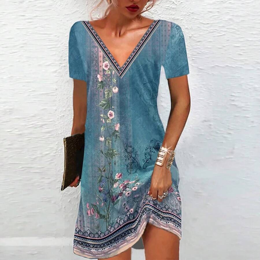 Vestido corto bohemio de verano para mujer, minivestido de manga corta con cuello en V, estampado Vintage de flores, holgado, elegante, para vacaciones en la playa - 04 - Ver 1