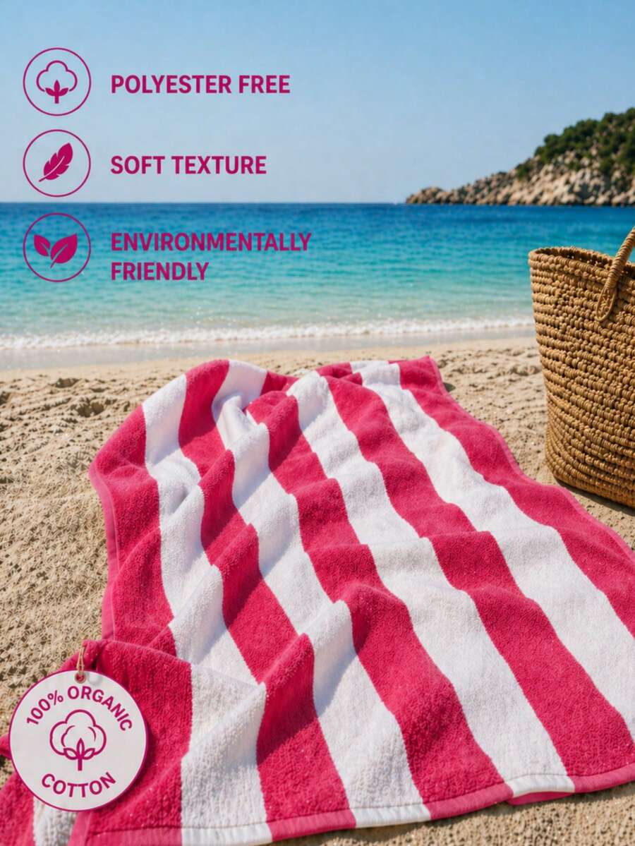 100% Organic Cotton Striped Beach Towel - Sand-Free & Ultra Absorbent & Made In Türkiye - Pink - View 1