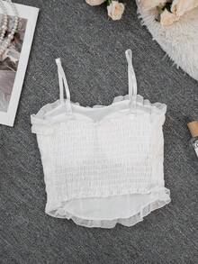 女款黑色蕾絲提花內搭背心，胸部加墊，無肩帶短版內搭衫，休閒白色夏季款 - 白色 - 查看 8