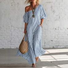 Women's Elegant Striped Off-Shoulder Maxi Dress - Fashionable For Spring - 藍色 - 查看 3