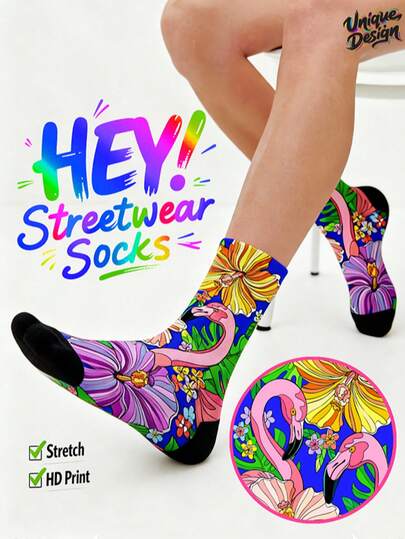 Cool 360 Print Men's Socks - Streetwear Socks,Tropical Hibiscus Flamingo, Pop Art Socks, Vibrant Hawaiian Style, Bold Floral Print, Colorful Summer Vibe, Tropical Jungle Flamingo, Neo-Tropical Aesthetic, Monstera Leaf Print, Neon Tropical Vibe, Bold Streetwear Socks,Animal, Whimsical Socks, Lucky,Colorful,Rich,Colourful,Humorous Patterns, Durable,Couple Socks, Hip Hop Style Fashion Socks,Suitable For Daily, Holiday, Party Wear, Gift Socks
