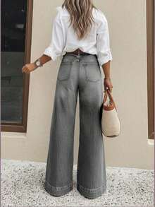 Jeans de tiro alto y pierna ancha para mujer, tela vaquera ligera y cómoda, jeans elásticos lavados, estilo largo elegante, uso casual de primavera/verano, versátil para diario/commute, moda callejera, ≥70% algodón - Gris - Ver 2