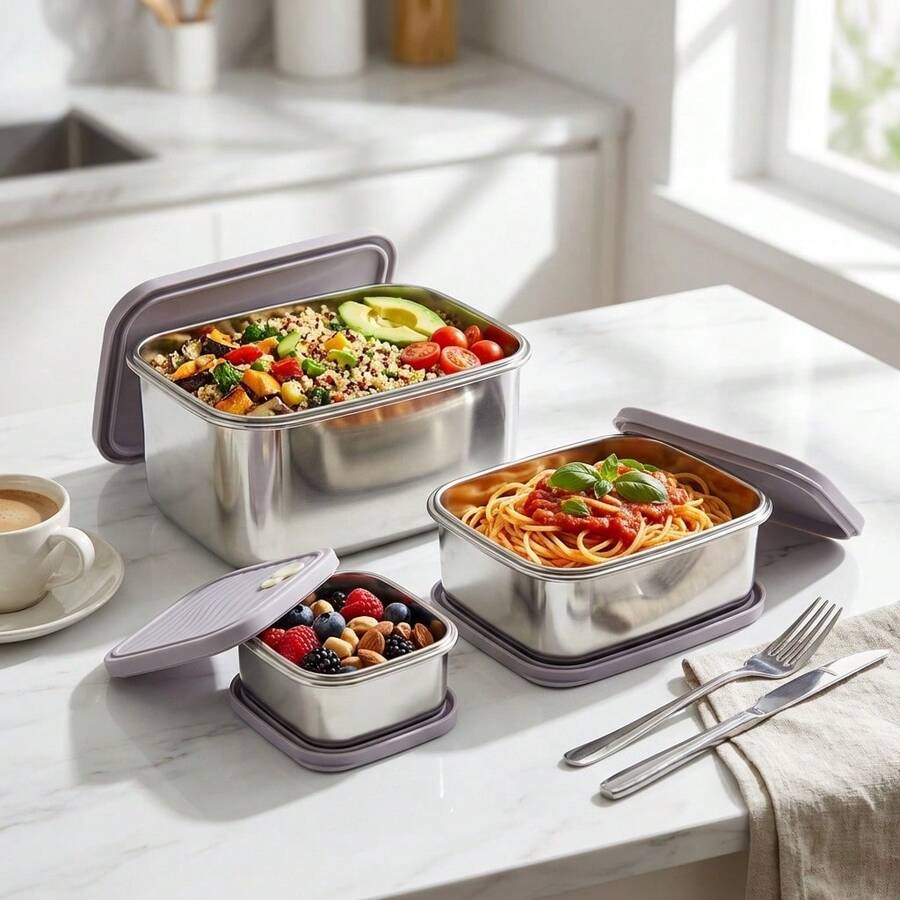 304 Stainless Steel Food Container, Stackable Refrigerator Sealed Fresh-Keeping Box, Fruit And Vegetable Meat Storage Box With Lid, Large Capacity Food Preservation Box, Suitable For Kitchen Food Storage And Organization - Multicolor - View 1