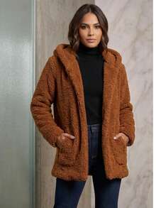 Women's Teddy Coat With Hood And Pockets | Warm, Casual, Fleece-Lined Winter Jacket - Màu nâu  Mocha - Xem 4