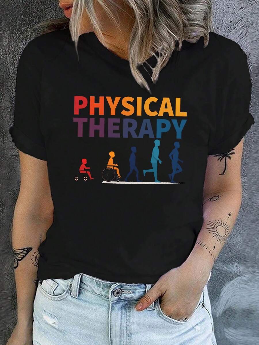 Casual Short-Sleeve Crew Neck T-Shirt Featuring A Print About Physical Therapy And Progression, Perfect For Spring And Summer, Designed For Women - Black - View 1