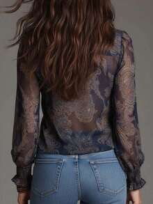 Blusa de gasa con cremallera, estampado de paisley barroco elegante y estilo vacacional, con volantes. Blusa de gasa transparente con estampado floral todo sobre todo para uso diario y vacaciones, primavera/verano - Verde Oscuro - Ver 11