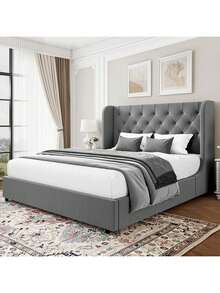 Modern Velvet Upholstered Bed Frame With Curved Wingback Design, Wooden Platform Bed Frame For Bedroom,No Box Spring Needed, Easy Assembly, Full Bed Frame/ Queen Bed Frame/ King Bed Frame/ Full Size Bed Frame/ Queen Size Bed Frame/ King Size Bed Frame,Pink/ White/ Grey - Dark Grey - View 11