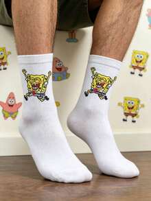SpongeBob SquarePants 1 đôi tất nam màu trắng in hình hoạt hình bọt biển, ngộ nghĩnh và thoải mái, thích hợp mặc hàng ngày, cả bốn mùa. - Nhiều màu - Xem 7