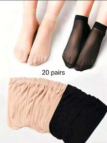 1/5/10/20/30 Pairs Women's Ultra-Thin Breathable Nylon Short Socks, Black And Nude Casual Design, Perfect For Spring And Summer - Beige - View 8