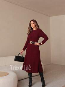 Women's Midi Dress In Mousse Knit, Long Sleeves With Braided Detail, Fitted Waist, Elegant, Winter, Premium, Casual, Party, Work, Travel - 勃根地 - 查看 7
