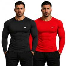 Kit 2 Camisa Térmica Uv 50+ Segunda Pele Camiseta Blusa Malha Fria Academia Esportes - Preto & Vermelho - Visão 5