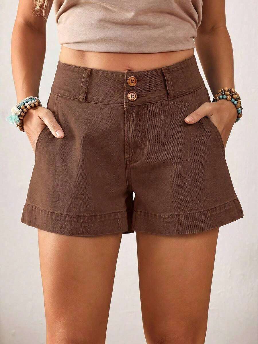 Women's Button Waist Design Pocket Casual Loose Denim Shorts - Café integral - Ver 1