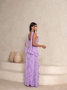 Elegant Strapless Long Dress With Layered Ruffles And Neck Scarf For Women, Perfect For Parties, Graduations, And Special Events. Elegant, Sexy, Pleated, Wedding. - 紫丁香色 - 查看 3