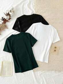 Set de 3 camisetas de mujer de cuello redondo de ajuste ceñido, 95% algodón, en negro, blanco y gris, aptas para todas las estaciones, interior y exterior, con estilo vintage y lindo para verano, para salidas de verano, hogar, vuelta al cole, otoño - Multicolor 14 - Ver 2