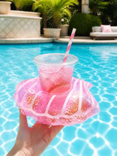 1pc Glitter Shell Inflatable Drink Cup Holder/Float, Reusable Glitter Shell Inflatable Drink Cup Float, Suitable For Swimming Pool Parties, Summer Garden And Swimming Activities, Spa, Fashionable Colorful Sphere Home Party Decor, Essential For Summer Travel
