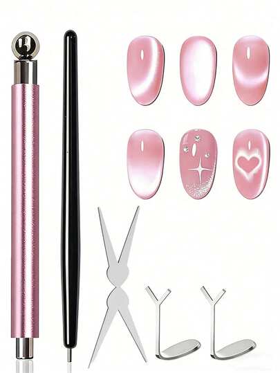 4 Stück Katzenauge Magnet Set - Rosa Nagel Magnet, herzförmiger Nagelkunst Magnet, schwarzer Perlen anziehender Katzenauge Magnet, geeignet für Nagelpinsel Dekoration, kann mit Katzenauge Gel Nagellack verwendet werden, ideal für DIY Nageldesign, Nagelkunst Dekoration, perfektes Geschenk für Frauen