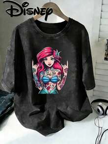 Classic Disney Authorized Ariel Double-Sided Printed Flower Washing Vintage T-Shirts, Punk Style Short-Sleeved Round Neck Casual Shirts, Suitable For Summer And Spring, Short-Sleeved Shirts, Women's Wear, Mother's Day Gifts. Classic Authorized Ariel Double-Sided Printed T-Shirt, Punk Style Short-Sleeved Round Neck Casual Shirt, Suitable For Summer And Spring, Short-Sleeved Shirt, Women's Wear, Mother's Day Gift. , The Same For Men And Women, Excellent Gift. - Black - View 1