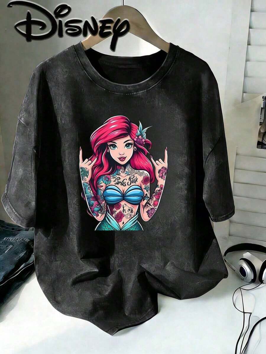 Classic Disney Authorized Ariel Double-Sided Printed Flower Washing Vintage T-Shirts, Punk Style Short-Sleeved Round Neck Casual Shirts, Suitable For Summer And Spring, Short-Sleeved Shirts, Women's Wear, Mother's Day Gifts. Classic Authorized Ariel Double-Sided Printed T-Shirt, Punk Style Short-Sleeved Round Neck Casual Shirt, Suitable For Summer And Spring, Short-Sleeved Shirt, Women's Wear, Mother's Day Gift. , The Same For Men And Women, Excellent Gift. - Black - View 1