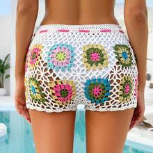 -Style Hand-Crocheted Floral Patchwork Hollow-Out Vacation Bikini Cover-Up Hip-Hugging Pants For Women - White - View 3