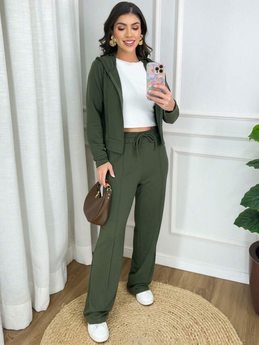 Women's Stylish Tracksuit Set: Sweatshirt With Trim, Hood, And Zipper, And Wide-Leg Pants With Side Pockets - Elegant Women's Jacket, Wide-Leg Pants, Long-Sleeved Blouse, Winter, Cold Weather, Basic, Comfortable, Premium, Comfy, Warm, Thick, Military Green. - 軍綠色 - 查看 1