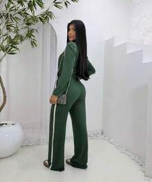 Conjunto feminino calça pantalona e jaqueta com ziper Praia Escritorio Ferias    Outono e Inverno - Verde Escuro - Visão 4