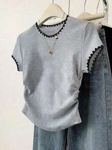 Set de 3 piezas de tops para mujer para exteriores, en color champán, marrón moca y negro, nuevas llegadas de verano, camiseta ajustada con pliegues, de moda y versátil, con estilo callejero fotogénico, imprescindible, de vuelta al colegio, que lla - Multicolor 13 - Ver 5