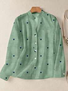 Camisa de mujer de manga larga con botones y bolsillos, con estampado romántico de corazones, adecuada para otoño, invierno y primavera - Verde - Ver 10