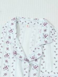 Bộ đồ ngủ 2 món thoải mái họa tiết sọc hoa, tay ngắn, cổ polo và quần short có nơ dành cho nữ, thích hợp cho mùa xuân/hè. - trắng - Xem 3