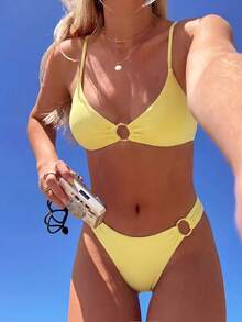 Women's Solid Color Metal Ring Bikini Set With Detachable Straps, High Elasticity Fabric Beach Holiday Bikini Set, Fashionable And Comfortable Swimwear Set, Suitable For Summer Vacation, Beach Leisure And Holiday Wear - Yellow - View 1