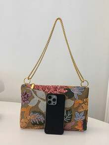 Exquisite Embroidered Floral And Plant Pattern Shoulder Bag, Niche Design Multifunctional High-End Texture Metal Chain Crossbody Bag, Multifunctional Fashionable And Popular Women's Small Square Bag, Suitable For Gatherings, Outings, Shopping, And Parties. - Multicolor - View 9