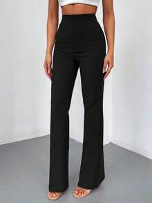 Pantalones rectos de talle alto de color negro sólido, elegantes y casuales, adecuados para uso diario, oficina, traslados, hogar, citas, pequeñas fiestas, eventos sociales ligeros en primavera - Negro - Ver 9