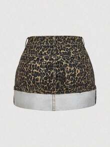 Minifalda de mezclilla casual de mujer con bloqueo de color lavado y parches - Multicolor 2 - Ver 2