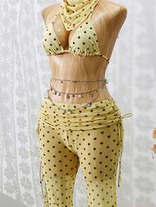 Bộ bikini nữ Xuân/Hè 2026, kiểu Pháp cổ điển chấm bi đen trắng, kết hợp với quần lưới ống rộng gợi cảm và thanh lịch, phụ kiện khăn trùm đầu thời trang, trang phục đi biển và đồ bơi dành cho nữ, thích hợp cho kỳ nghỉ biển và tiệc bể bơi. - Màu vàng - Xem 5
