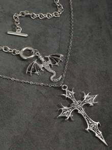 Bộ 2 mặt dây chuyền hình cánh và thánh giá phong cách Gothic cổ điển, dây chuyền phong cách Punk dành cho nữ. - Bạc - Xem 5