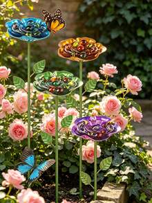 蜜蜂饮水站，蝴蝶喂花器，户外蜜蜂饮水器，金属花园装饰，蜜蜂浴盆，花卉图案金属蜜蜂饮水器，彩色蝴蝶蜜蜂浴盆，适用于户外花园装饰 - B - 查看 1