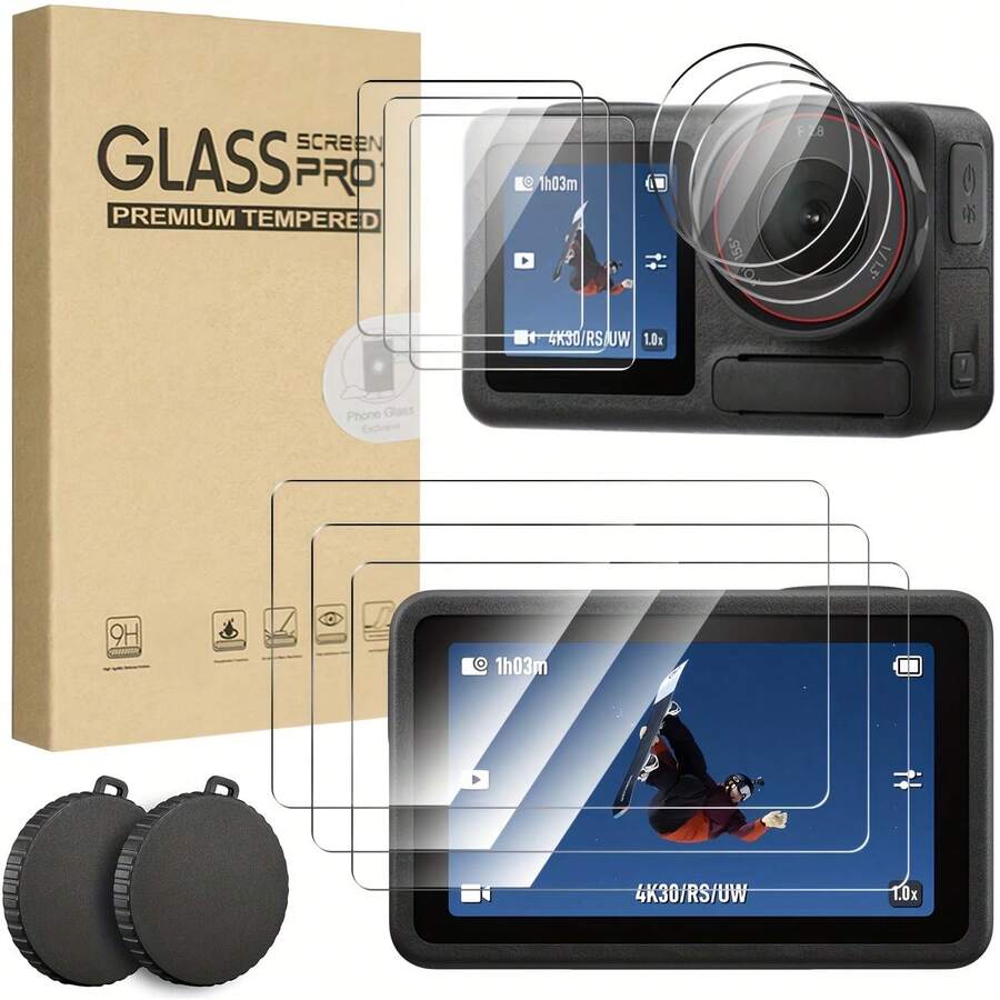 [9+2] Pcs Screen Protector Kit For Osmo Action 6/5 Pro/4/3, Including 9 Pcs Tempered Glass Front/Rear Screen/Lens Protectors And 2 Pcs Lens Caps. Full Protection, HD Clear, Sensitive Touch, Anti-Fingerprint And Scratch. Outdoor Sports Shooting Equipment. High Definition, Screen Protectors, Protector Kit, Camera Lens Caps, Suitable For Vloggers, Creators And Photography Enthusiasts.