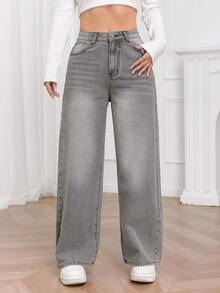 Pantalones vaqueros de pierna ancha gris cielo lavados de  europea y N, pantalones vaqueros de  cómodos a la moda para mujer - Gris - Ver 2