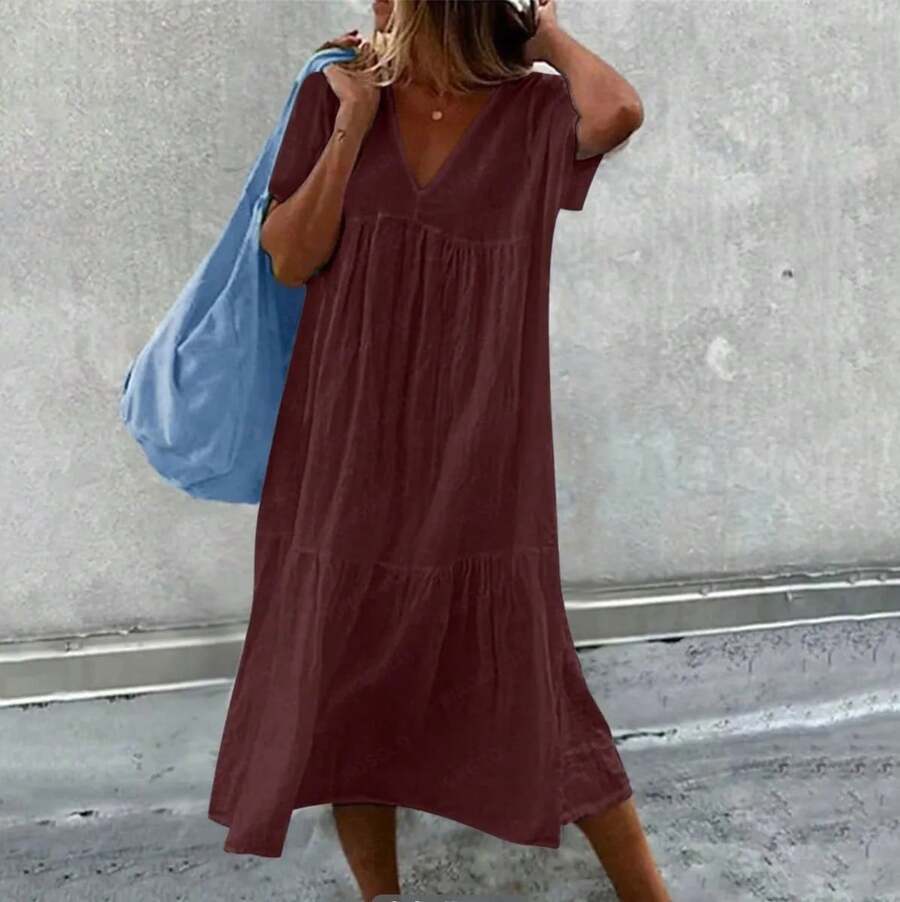 2025 nueva falda larga de mujer de algodón de lino de manga corta cuello redondo suelto Color sólido moda Simple vestido rosa de vacaciones - Burdeos - Ver 1