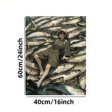 Enmarcado Lienzo impreso plano 2D  - Niña en medio de un mar de peces, decoración de pared original para el hogar, oficina, bar, cafetería, aula, dormitorio, baño - Ideal para el Día del Padre, 4 de julio, graduación, Día de los Caídos, decoración con temática de peces - Enmarcado - Ver 5