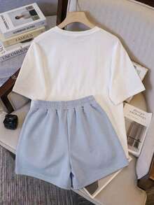 Conjunto set 2 piezas dama Camisa con estampado basico playero & Short con cintura elastica ultra comodo liguero fresco ideal estilo casual vacaciones diario dulce - Celeste - Ver 2