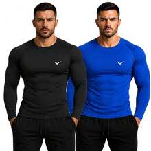 Kit Of 2 Thermal UV 50+ Base Layer Shirts/T-Shirts/Cool Mesh Shirts For Gym And Sports - 黑色和皇家藍 - 查看 7