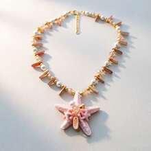 Seaside Vacation Colored Starfish Pendant Beaded Necklace, Long Stylish Ornament For Women - Hồng - Xem 9