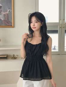 女款純色蝴蝶結前襟無袖背心，清新風格，春夏休閒黑色 - 黑色 - 查看 3