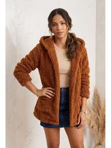 Women's Teddy Coat With Hood And Pockets | Warm, Casual, Fleece-Lined Winter Jacket - Màu nâu  Mocha - Xem 3
