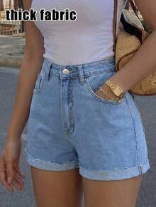 Shorts vaqueros de tiro alto lavados y remangados, de estilo minimalista y versátil, para mujer, de uso casual en verano - Lavado ligero - Ver 1