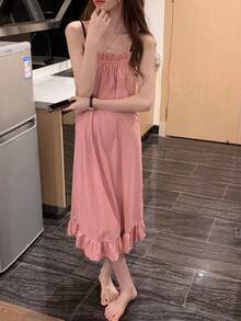 Camisón de longitud media con volantes para mujer, ropa de casa, estilo princesa curativa, elegante coreano, dulce y Simple, verano y otoño - Rosa - Ver 1