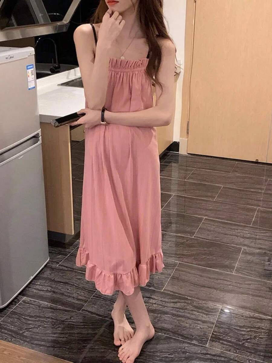 Camisón de longitud media con volantes para mujer, ropa de casa, estilo princesa curativa, elegante coreano, dulce y Simple, verano y otoño - Rosa - Ver 1